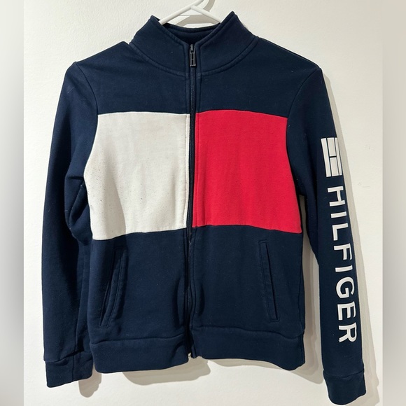Tommy Hilfiger Zip Up Sweater with Logo on Sleeve - Picture 1 of 4